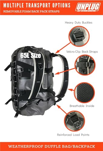 UNPLUG Ultimate Adventure | 1680D Heavy Duty Waterproof Bag | Large Travel Bag which can be Used for Camping, Motorcycling, Boating, or Hunting|65L Storm Grey - color: Storm Grey, size: 65L