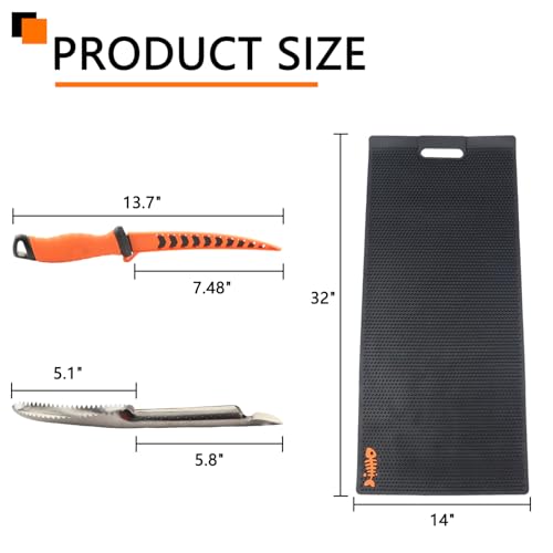 32 Inch Non Slip Fish Fillet Mat Heavy Duty Rollable Fish Bait Cutting Board Large Size Fish Cleaning Mat with 7 inch Fillet Knife and Fish Scaler Portable Fish Fillet Mat