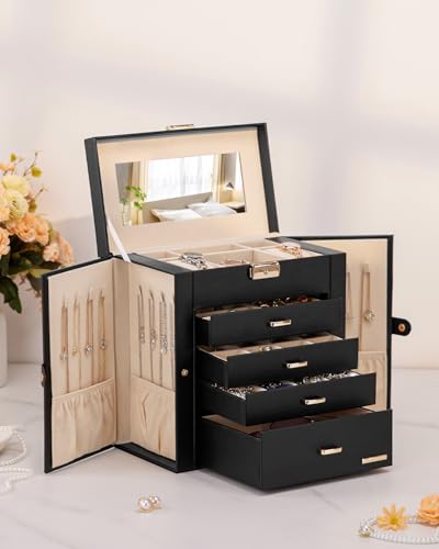 Homde Synthetic Leather Huge Jewelry Box Mirrored Watch Organizer Necklace Ring Earring Storage Lockable Gift Case (Black + Gold) - color: Black + Gold