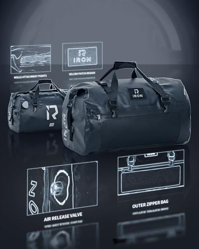 IRON JIA'S Motorcycle Dry Bag - Waterproof Duffle & Luggage Tail Bag Saddle Bags with Roll Top Closure, Shoulder Straps, Inner Pocket and Mesh Pocket (Black, 50L) - color: Black, size: 50L