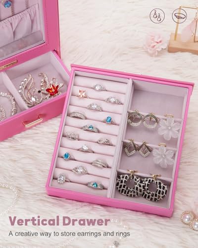 Homde Mothers Day Gifts Jewelry Organizer Girls Women Jewelry Box for Necklaces Rings Earrings Gift Bracelets Storage Case(Pink + Gold) - color: Pink + Gold