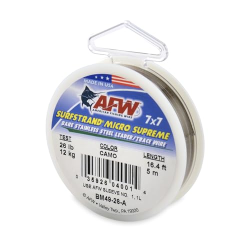 American Fishing Wire Surfstrand Micro Supreme Bare 7x7 Stainless Steel Leader Wire- Fishing Leader Line for Saltwater, 13lb Test - 20lb Test, Camo Color, 5m Length - color: Camo, size: 26 lb / 5m