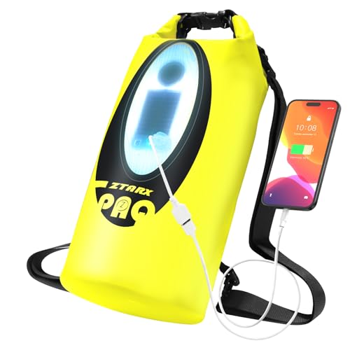 FELICON Waterproof Dry Bag Backpack, 20L, Neon Yellow | Bluetooth Speaker, Roll Top Floating Sack, Solar & USB-C Powered Emergency Charger, RGB Light - color: Neon Yellow, size: 20L