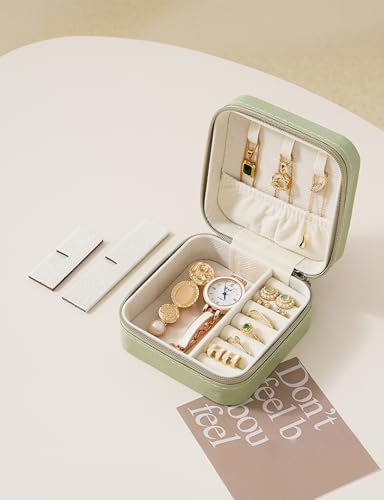 MFXIP Travel Jewelry Case Small Jewelry Box Jewelry Organizer Storage Case Portable PU Leather Mini Jewelry Travel Case for Girls Womens Earring, Necklace, Rings,Bracelets - color: Green