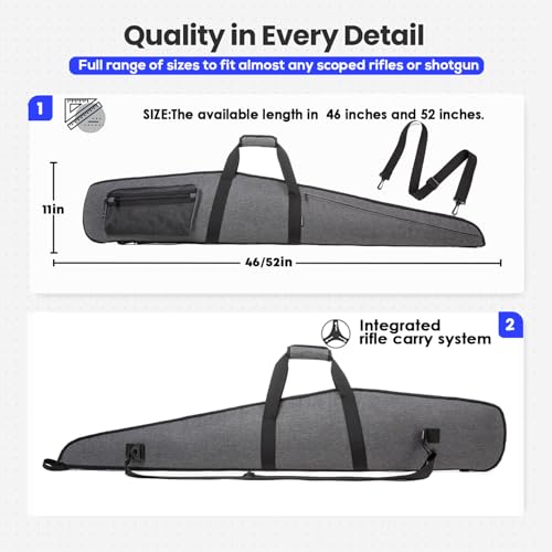 RAVOINCC Rifle Case Soft Shotgun Cases - Water Resistant Gun Carry Bag for Scoped Rifles with 3 Accessory Pockets Adjustable Shoulder Strap Available Length in 46 52 Inch - color: Grey, size: 52inch