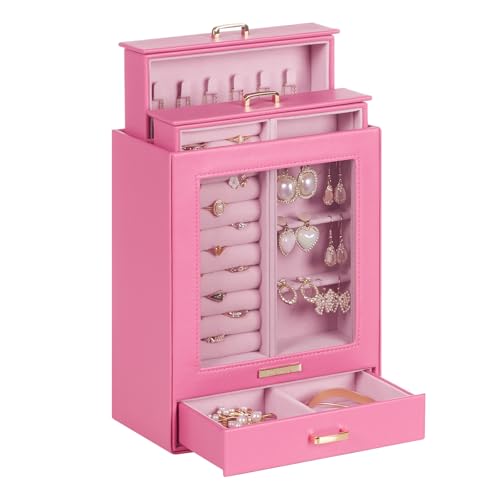 Homde Mothers Day Gifts Jewelry Organizer Girls Women Jewelry Box for Necklaces Rings Earrings Gift Bracelets Storage Case(Pink + Gold) - color: Pink + Gold