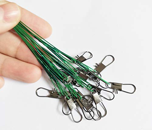 50pcs Fishing Wire Leaders Heavy Duty Nylon-Coated Fishing Line Wire Leaders with Swivels and Snaps 6inch Black/Green/Silver - color: 50pcs green, size: 10 inch
