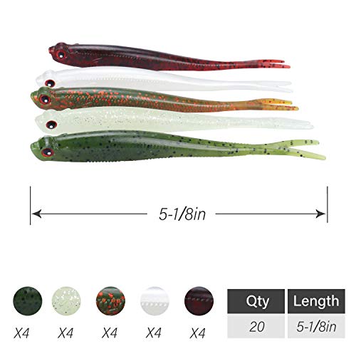 RUNCL Anchor Box - Paddle Tail Swimbaits, Soft Jerk Baits, 20/40/50/60pcs Soft Fishing Lures, Curved Tail Grubs - 3D Lifelike Eyes, Split/Boot/Curved/Straight/Thin Tail - 1/2/3/4/5in, Proven Colors - color: J - Split Tail w/ External Etched Scales (5-1/8i