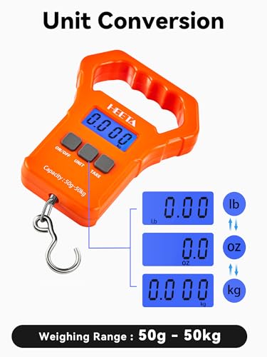 HEETA Fish Scale, 110lb/50kg Digital Portable Hanging Fishing Weight Scale with Backlit LCD Display, Luggage Scale with Hook, Non-Slip Large ABS Handle & 2 AAA Batteries, Fishing Gifts Gear for Men - color: Orange