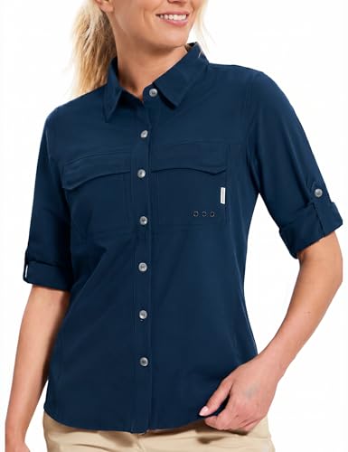 Haimont Women's UPF 50+ Long Sleeve Hiking Button Down Shirt | Quick-Dry, Mesh Back Vents, Roll-Up Tabs, Rod Holder, Lens Cloth, Camping & Travel - color: Dark Blue, size: Medium