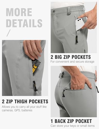 TBMPOY Men's Lightweight Hiking Pants with Belt 5 Zip Pockets Waterproof Quick-Dry Travel Fishing Work Outdoor Pants - color: A7-thin Light Gray, size: Large
