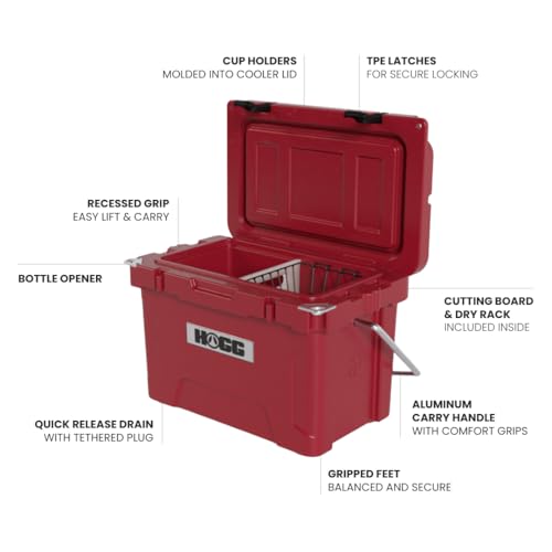 Hogg Rotomolded Coolers, Ice Chest with Wheels, Wheeled Cooler, Rotomolded Ice Chest, Dry Storage, Fishing and Camping Items, Birthday Gifts for Men - color: Harvest Red, size: 20qt