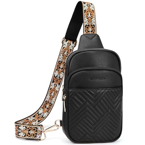 BOSTANTEN Sling Bag Quilted Crossbody Bags for Women Cross Body Purse Leather Fanny Pack with Adjustable Guitar Strap - color: A-black