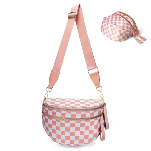 Checkered Crossbody Bag Bum Bags for Women, Spacious Nylon Fanny Packs Belt Wallet (pink checkered) - color: pink checkered