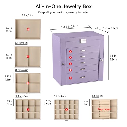 Frebeauty Large Jewelry Box,6-Tier PU Leather Jewelry Organizer,Multi-functional Storage Case with Mirror,Accessories Holder with 5 Drawers for Necklace Bracelets Watches（Purple） - color: Purple, size: Large