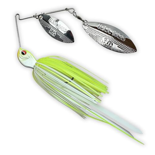 USA BASS Tackle Apache Attack Spinnerbait Type II Largemouth Smallmouth Spotted Bass Premium Fishing Bait Handtied Skirt Custom Blades Heavy Duty Hook New for 2025 - color: White Chartreuse, size: 1/2oz - Willow/Willow