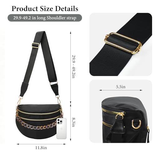 Crossbody Bags for Women, Checkered Bum Bag Crossbody, Spacious Nylon Shoulder Handbag Mom Bag (Black+Amber Chain) - color: Black+Amber Chain