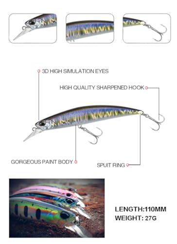 3pcs Iridescent Minnow Fishing Lures Set - 5" Sink Swimbaits, Ultra Long Casting, High-Index Plastic, Multi-Color with Treble Hooks Clear Storage Box - Perfect for Sea Fishing Bait - color: AH1328A-5'' 1oz