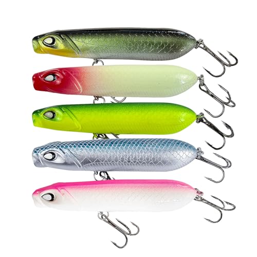 5Pcs Pencil Popper Topwater Fishing Lures Floating Hard Bait with Box for Bass Walleye Pike Catfish Musky Perch 3.15in/0.35oz