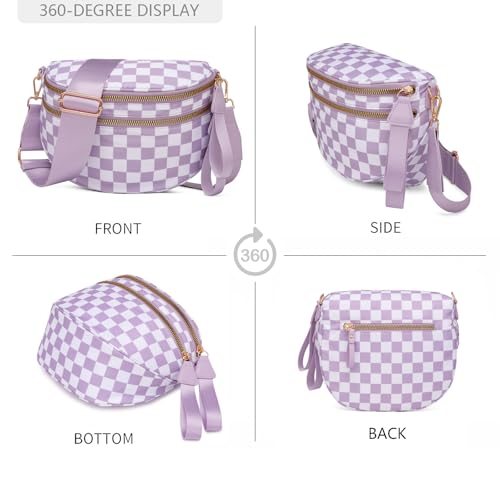 Pure Colour Crossbody Bum Bags for Women Spacious Checkered Cross body Bag Nylon Trendy Fanny Pack for Travel - color: Light Purple Checkered