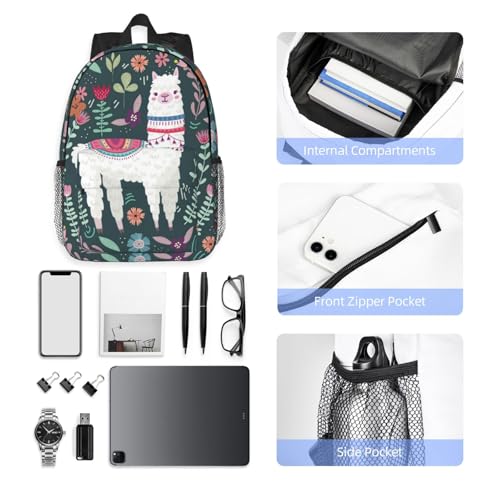 Cute Llama Flower 15 Inch Backpack Laptop Travel Bag For Men Women With Multiple Pockets Casual Hiking Gym Sport - color: Cute Llama Flower