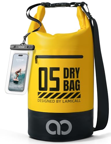 Lamicall Waterproof Dry Bag with Phone Pouch - 5L/10L/20L/30L/40L Floating Roll Top Backpack for Kayaking Boating Beach Camping Fishing - Heavy Duty 500D PVC Marine Dry Sack for Men,Women, Yellow 5L - color: Lemon Yellow, size: 5L