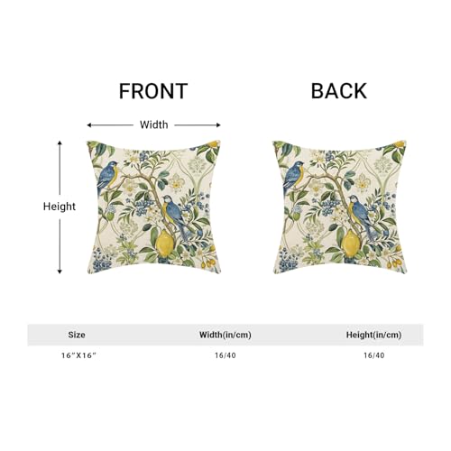 Chinoiserie Blue and Green Floral Bird Pillow Covers 16x16 Set of 2, Yellow Lemon Flower Summer Decorative Throw Pillows Farmhouse Linen Outdoor Cushion Case for Home Couch Sofa Decor - color: Blue Yellow Lemon Bird 1, size: 16" x 16" (Pack of 1)