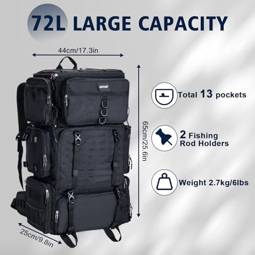 Goture Fishing Backpack with Cooler,72L Large 600D Tackle Backpack with Rod Holders,Dry & Wet Split Compartment,Adjustable Main Compartment,Rain Cover,Insulated Tactical Bag for Travel Camping Hiking - color: Black (Only Bag, Without Tackle Box)