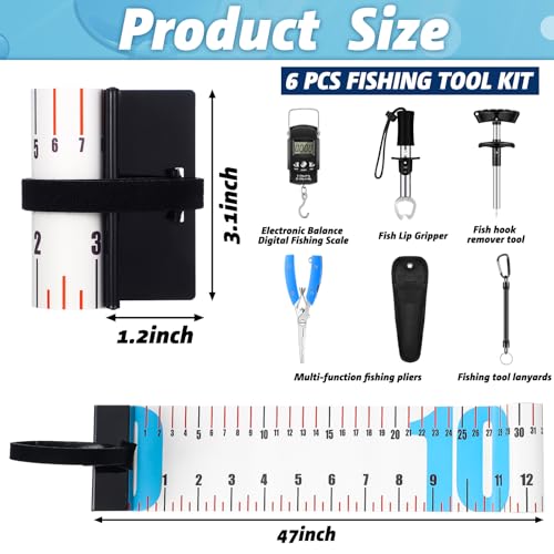 VioraWhite 7 Pcs Fishing Gear and Equipment Tools Accessories Kit with 47 in Fishing Ruler Stainless Steel Pliers, Fish Handle, T-Shaped Hook Remover, Electronic Scale, Lanyard, and Black Storage Bag