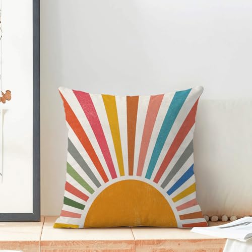 Summer Pillow Covers 16x16 Inch Set of 2 Boho Rainbow Sunshine Outdoor Outdoor Decorative Throw Pillows Seasonal Colorful Stripes Sun Pillowcases Linen Cushion Covers for Bed Sofa Couch - color: Rainbow Sun-3, size: 16" x 16" (Pack of 2)