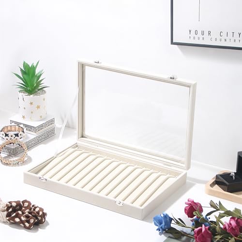 Coward 14 Hooks Necklace Storage Tray, Velvet Neckalce Organizer Box with Clear Lid, Pendant Chain Necklace Jewelry Organizer Drawer Tray for Women Girls (Beige) - color: Beige