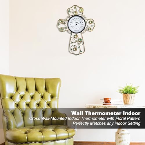 Wall Thermometer Indoor Home with Cross and Floral Design - Metal Prayer Room Decor for Christian, Green Flower Wall Thermometer for Living Room, Bedroom - Accurate Temperature Gauge - color: A-Christian Cross