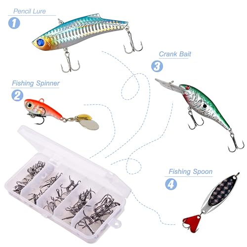 100pcs Fishing Treble Hook Kit, Round Bend Treble Hooks with Split Rings for Making Fishing Lure Spinner Spoon Crankbait - color: Black-100pcs