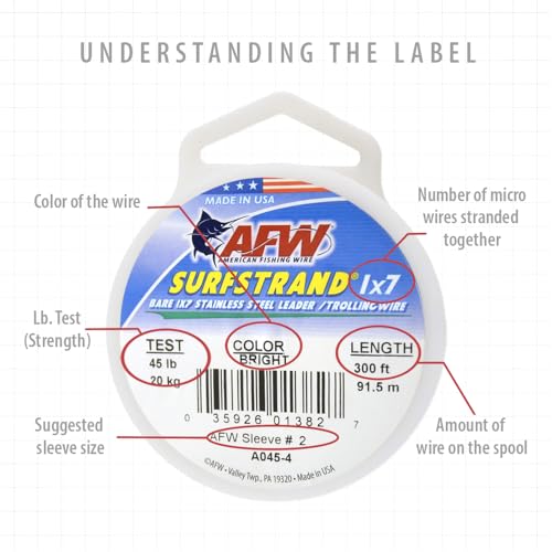 American Fishing Wire Surfstrand Bare 1x7 Stainless Steel Leader Wire - Fishing Leader Line for Saltwater, 20lb Test - 325lb Test in Bright, Camo in 30ft, 300ft, 600ft and 1,000ft Lengths - color: Camo, size: 20 lb / 300 ft