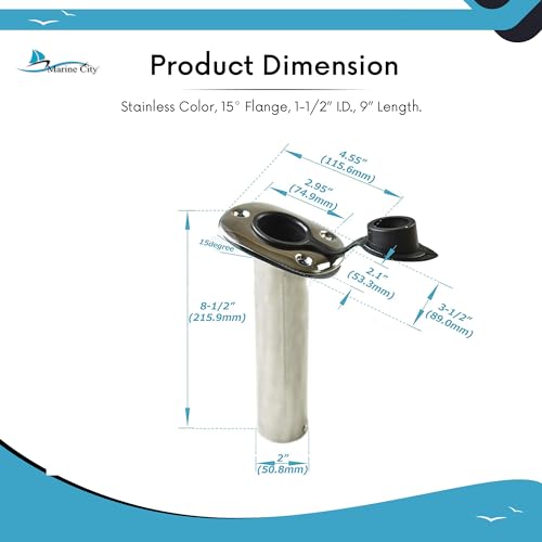 MARINE CITY Heavy Duty Stainless Steel Flush Mount Rod Holder and PVC Liner with Cap and Gasket 15 Degree for Marines – Boats – Yachts – Kayaks (Pack of 1)
