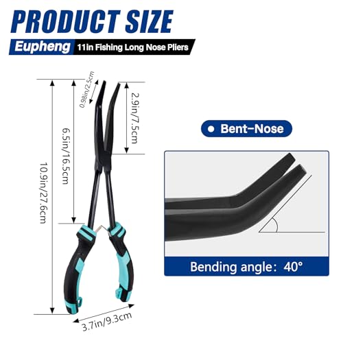 EUPHENG 11in Fishing Long Nose Pliers Carbon Steel Corrosion Resistant PTFE Coated Hook Remover Saltwater & Freshwater with Return Spring Needle Nose Pliers Straight & Bent Jaws for Bass Snook Trout - color: Blue （Bent Nose）