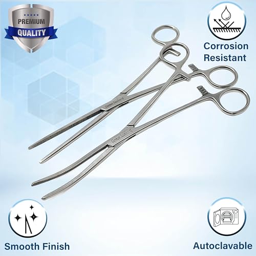 2 Pc 8" Locking Straight & Curved Stainless Steel Hemostat Forceps Set Ideal for EMT, Firefighter, Dental, Hobby, Fishing, Electronics, Pruning, Taxidermy + More