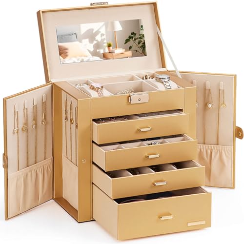 Homde Synthetic Leather Huge Jewelry Box Mirrored Watch Organizer Necklace Ring Earring Storage Lockable Gift Case (Gold) - color: Gold