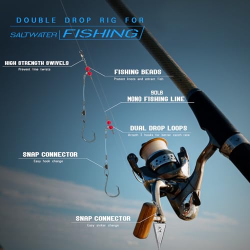 Narcissus Double Drop Saltwater Fishing Rig – Mono 2 Hook Bottom Rigs with Swivels & Snaps, Pre-Tied Surf Pier Boat Leader Line for Snapper, Bass, Mackerel, Catfish - color: Double Drop Rig-12