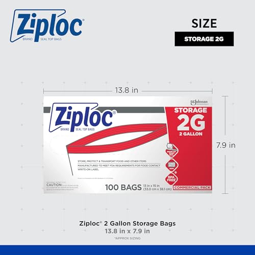 SC Johnson Professional Ziploc Brand Food Storage 2 Gallon Bags, Food Storage Ziploc Brand Bags, Commercial Pack, 100 Count Box, for Professional Use Only - size: 100 Count (Pack of 1)