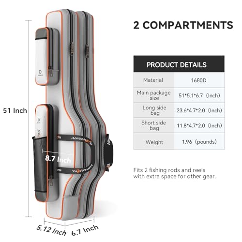 Fishing Rod Case & Bag Triple-Layer - 1680D Oxford, Wire-Reinforced Anti-Deforming, Foldable Portable, Quick-Access Compartments, Fishing Gift for Men Anglers - color: Brown, size: 51.18inch, style: Double - Layer