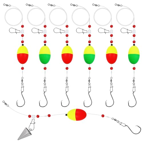 Fish Finder Rigs - 6 Pack (Size 6/0 or 8/0) with 33LB Fluorocarbon Leader - Pre-Assembled Surf Fishing Rigs with High-Carbon Steel Hooks & Oversized Float for Saltwater Ocean Fishing - size: 6/0 Circle Hook-6pcs