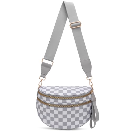 Pure Colour Crossbody Bum Bags for Women Spacious Checkered Cross body Bag Nylon Trendy Fanny Pack for Travel - color: Light Grey Checkered