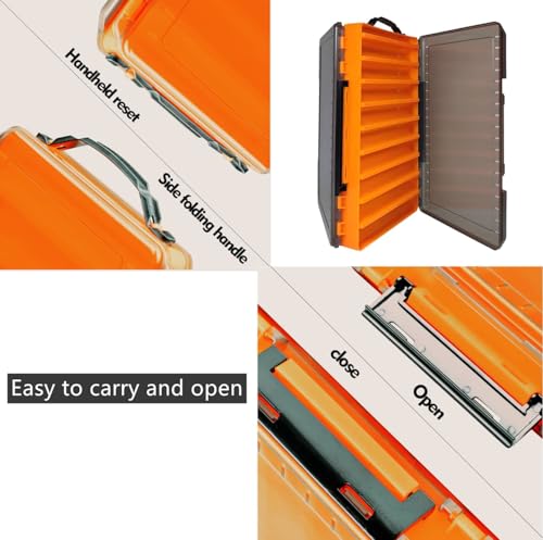 Large Fishing Lure Box Organizer - 18 Compartment Double Sided Fishing Tackle Box for Crankbait Squid Jig Bait Storage - color: Orange