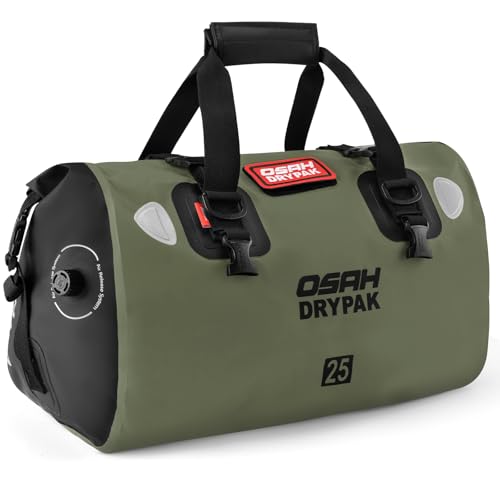 OSAH DRYPAK Waterproof Duffel Bag - Motorcycle Dry Bag Tail Bag with Large Storage Space, Waterproof Luggage Duffle Bags with Outer Mesh Zipper Pocket for Camping, Kayaking, Fishing & Traveling - color: Olive, size: 25L