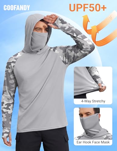 COOFANDY Mens UPF 50+ Sun Protection Hoodie with Mask Lightweight Long Sleeve SPF Fishing Shirts UV Hiking Running Rash Guard - color: Light Gray Camouflage, size: XX-Large