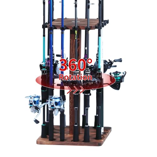 360° Rotating Fishing Rod Holder, Natural Wooden Fishing Pole Rack Stores 16 Rods, Floor-Standing Fishing Rod Storage Organizer with Rounded Clips for Garage, Basement, or Shed, Easy to Install - size: Square