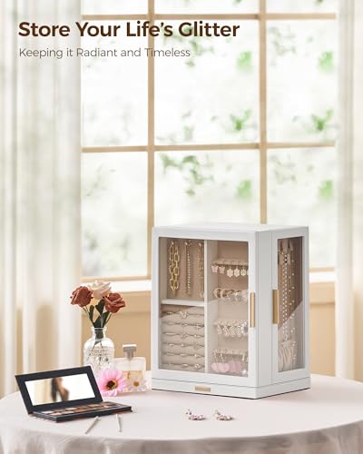 Glimmloop 360° Rotating Jewelry Box with 5 Drawers, Spacious Vertical Jewelry Organizer with Glass Window, Jewelry Storage Case, Dustproof & Moisture-resistant Design, White - color: White, size: 5 Drawers (6.2"D x 9.2"W x 11.4"H)