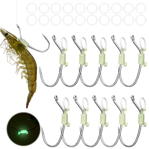 KANAMA Luminous Live Shrimp Hooks - High Carbon Steel Fishing Hooks Saltwater Corrosion Resistant Barbed Strong Hooks Freshwater Shrimp Walker, Ideal for Bass, Groupers, Pike, Catfish & More - size: S ×10