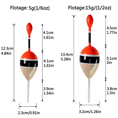 THKFISH Fishing Floats Bobbers Slide Floats Balsa Fishing Bobber Slip Bobbers for Crappie Panfish Trout Bass (1/2oz 2"x5.28") (1/6 1.6"x4.8") 5Pcs - color: Wood and Red, size: 1/2 oz 2"x5.28" - 5Pcs